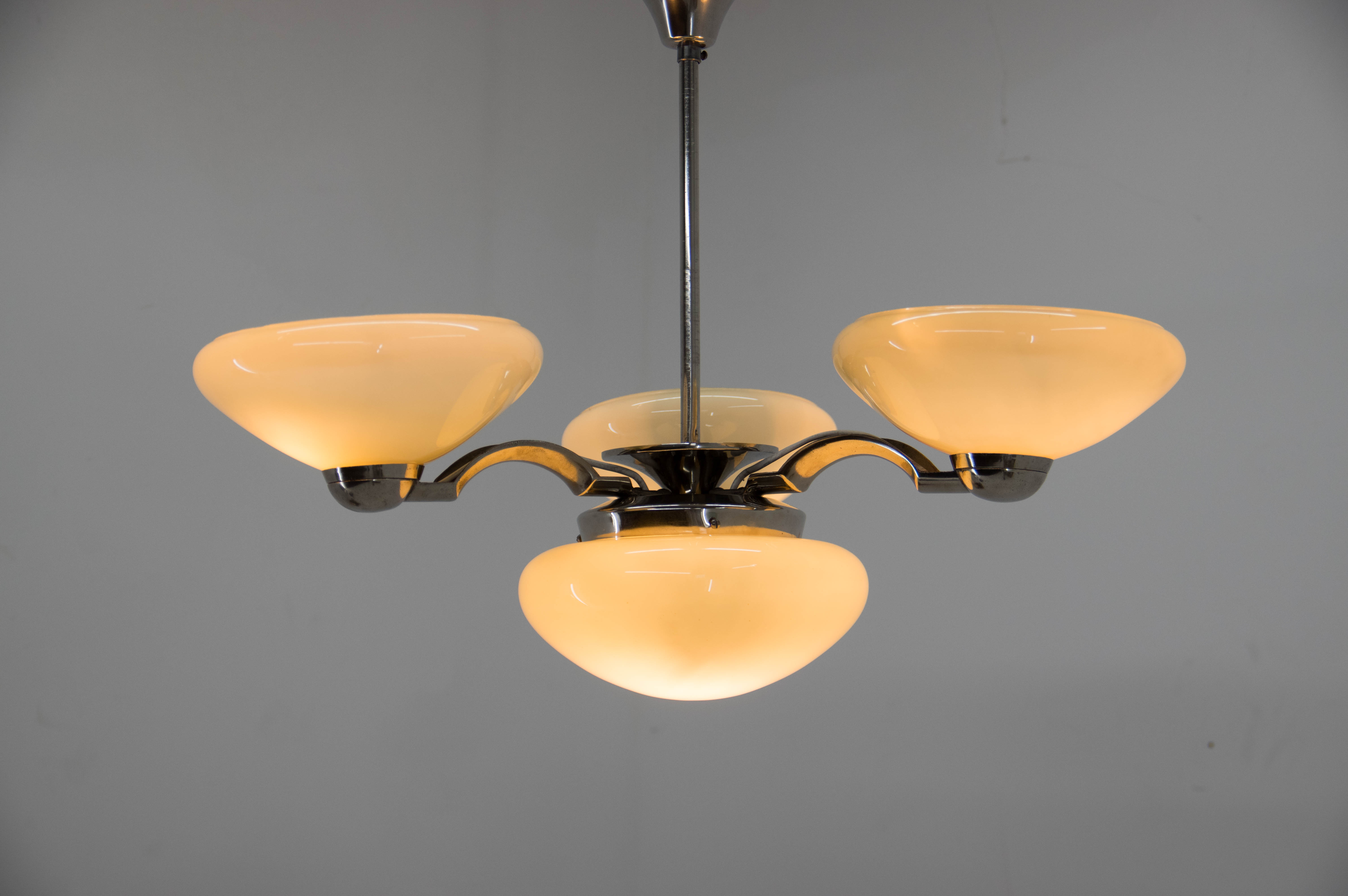 Art deco nickel and glass chandelier, 1930s