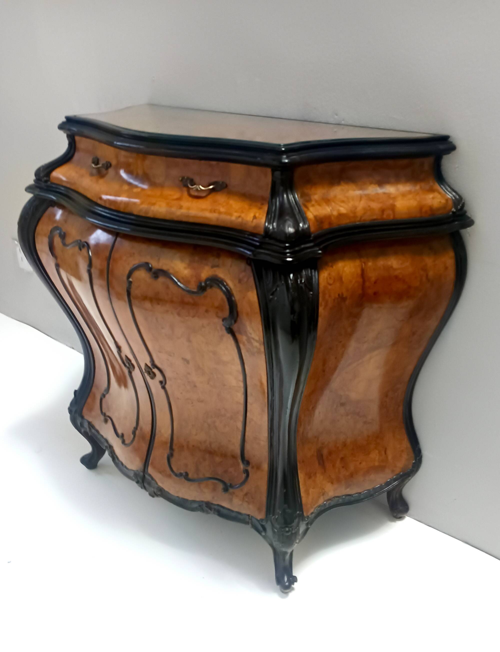 Ebonized Beech and Walnut-Root Cabinet with a Glass Top, Brianza, Italy