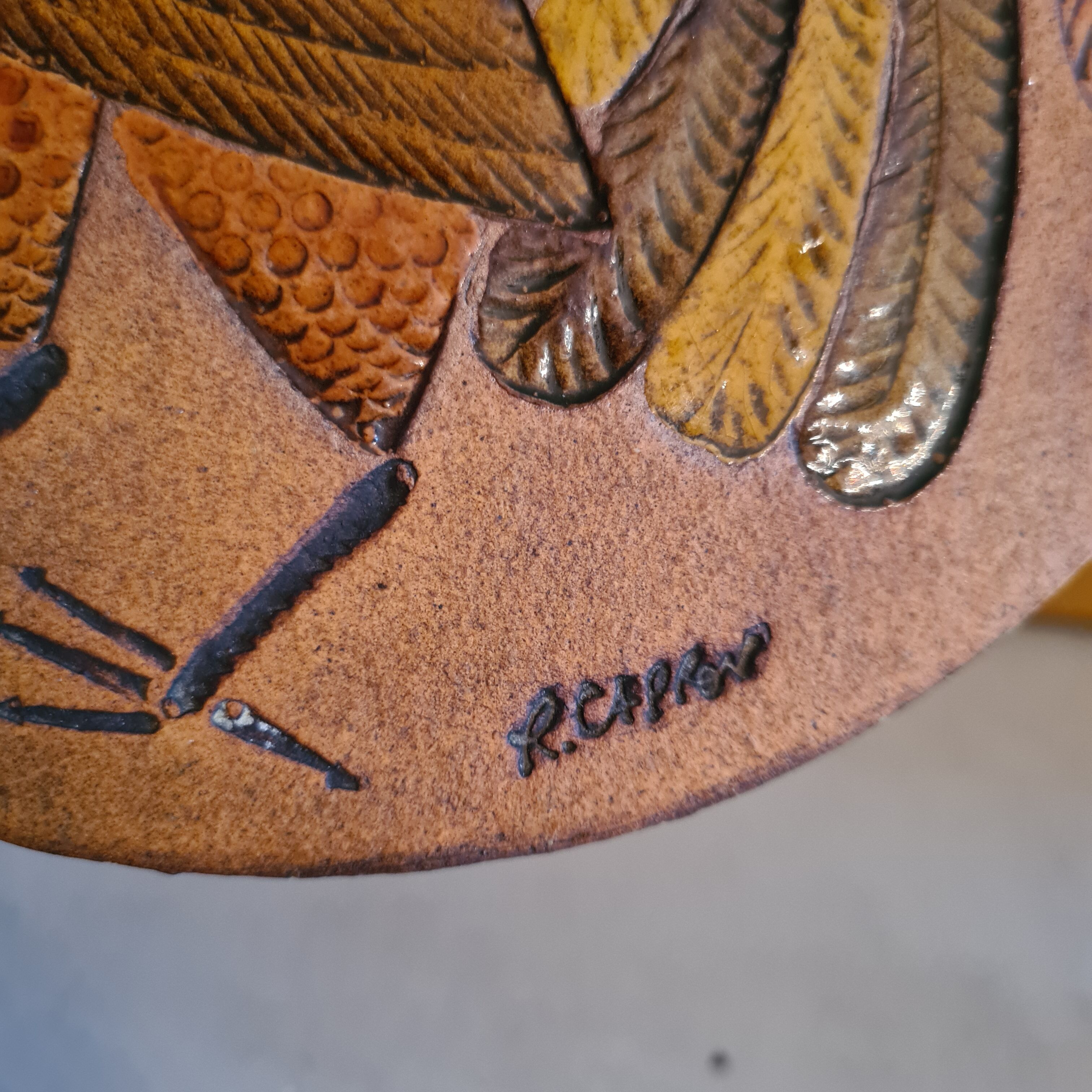 Vallauris ceramic trivia signed Roger Capron polychrome rooster pattern