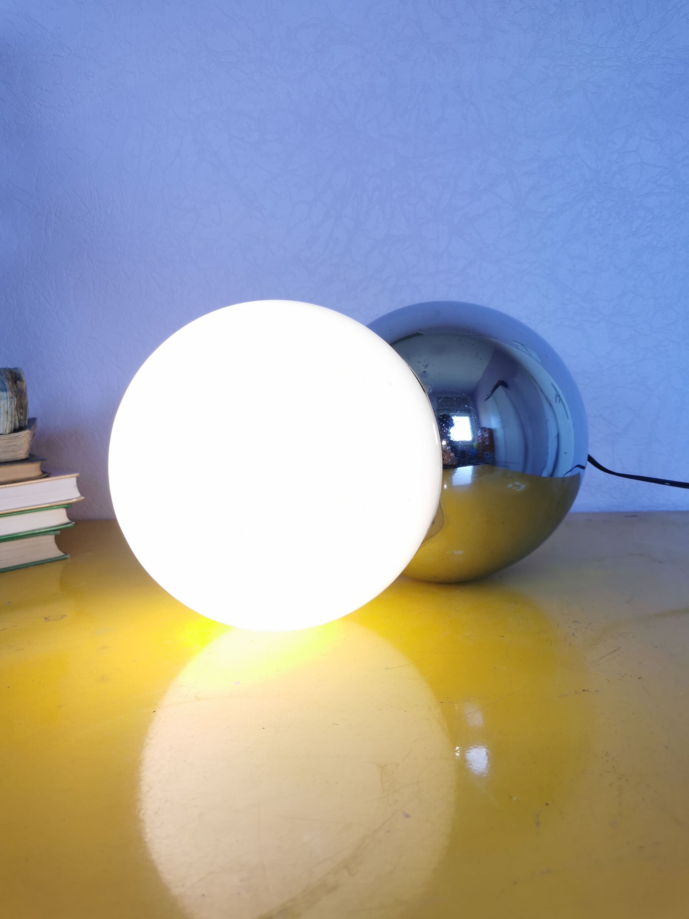 Lamp molecule, two balls, globe in opaline and stainless steel, 1970