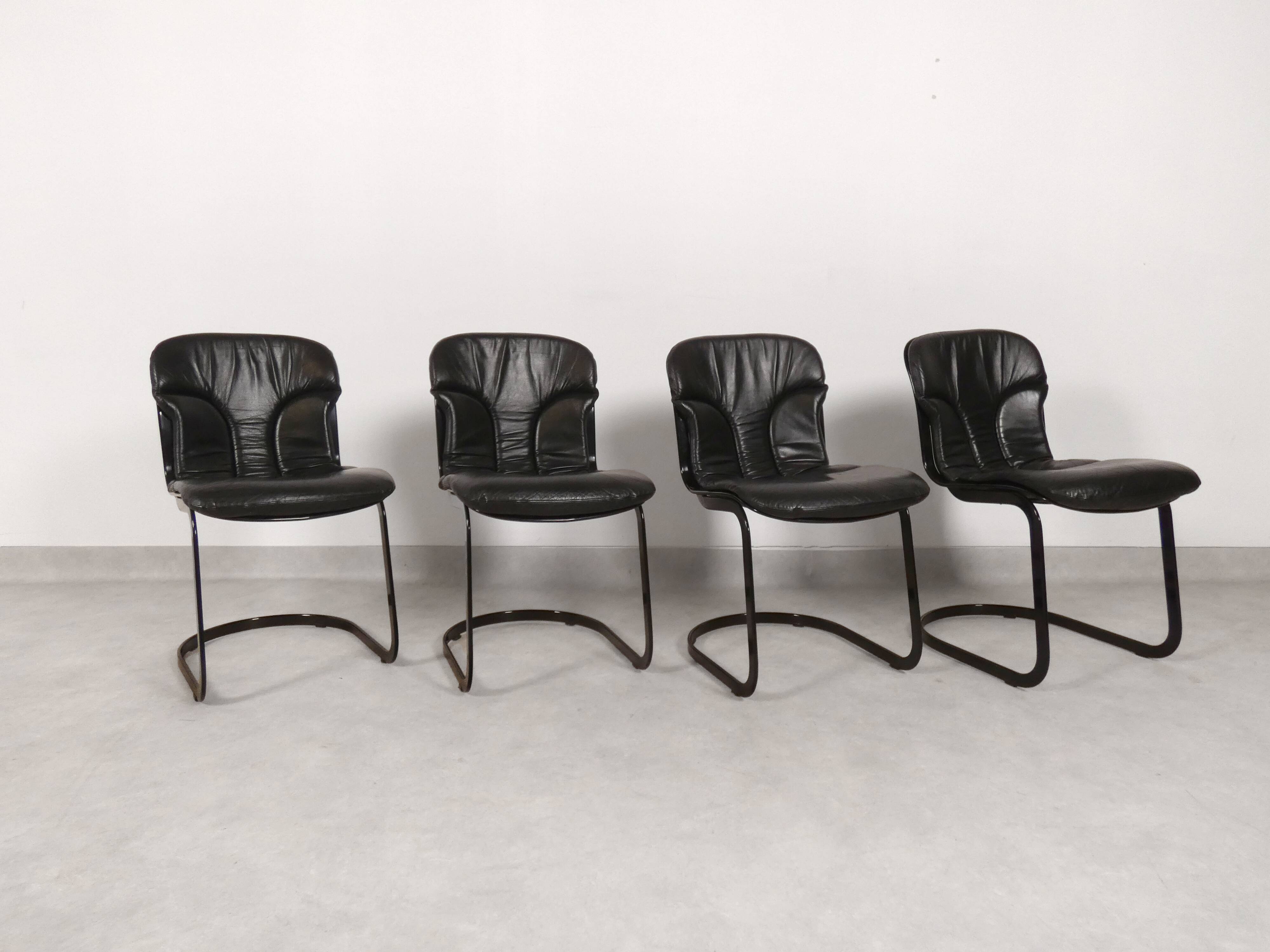 Chaises de salle à manger en cuir noir Willy Rizzo - Cidue Italie