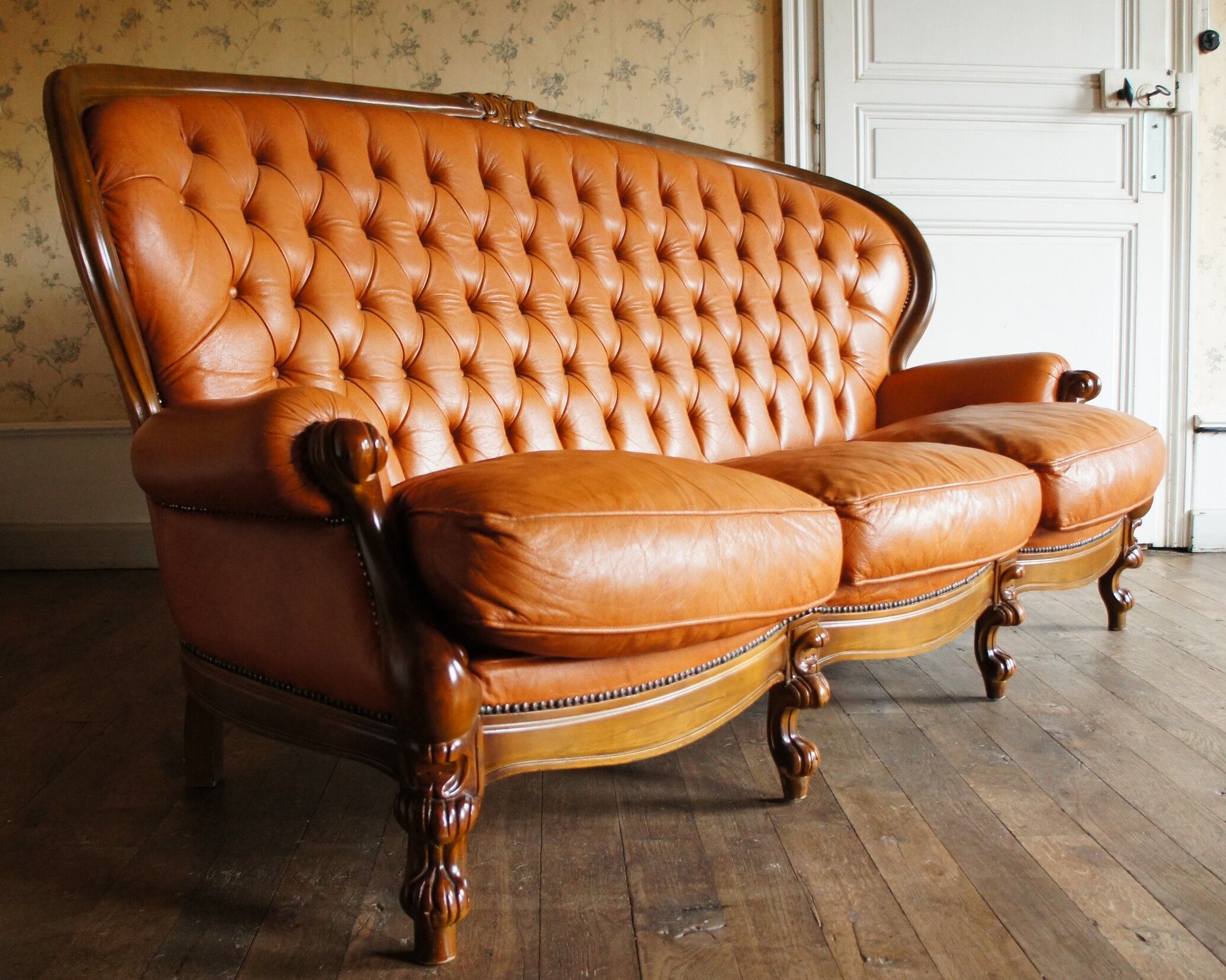 3-seater leather sofa cognac "Ilsat Salotti" Italy circa 1980