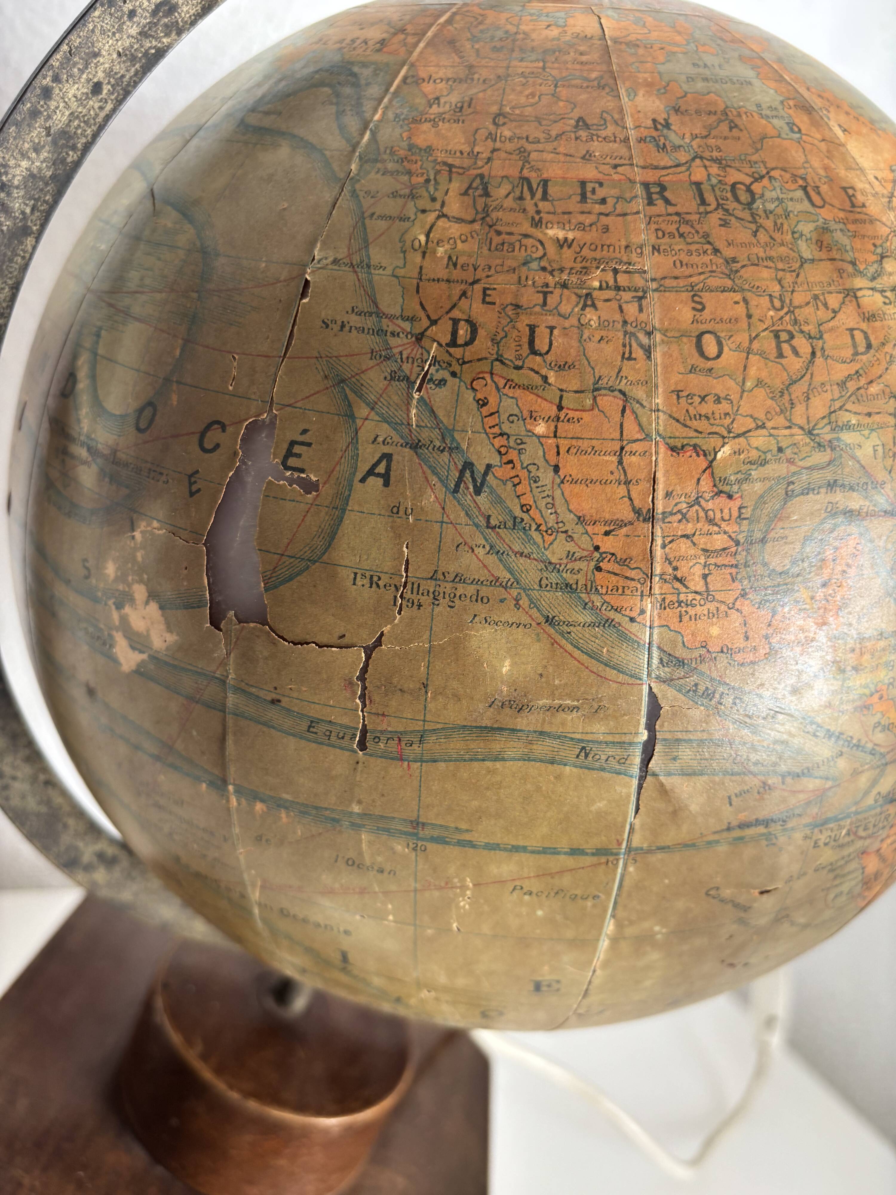 Vintage 1930 globe terrestrial Jacques Adnet world map J. Forest glass wood -