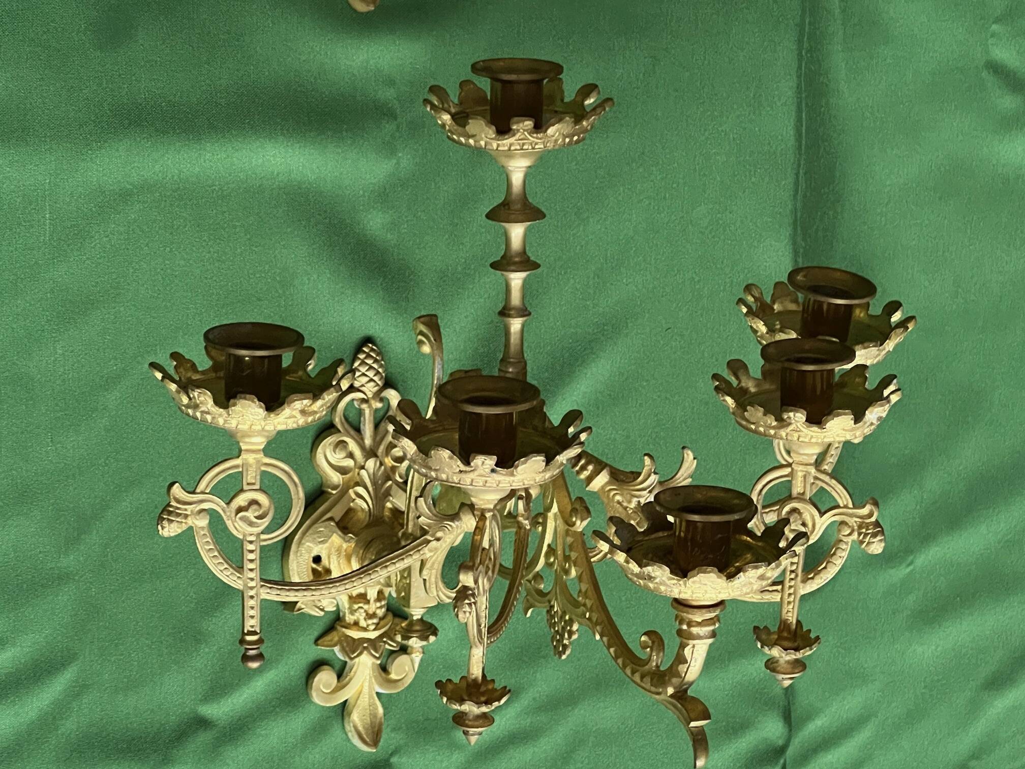Pair of neo-Gothic wall sconces. Solid gilt bronze.