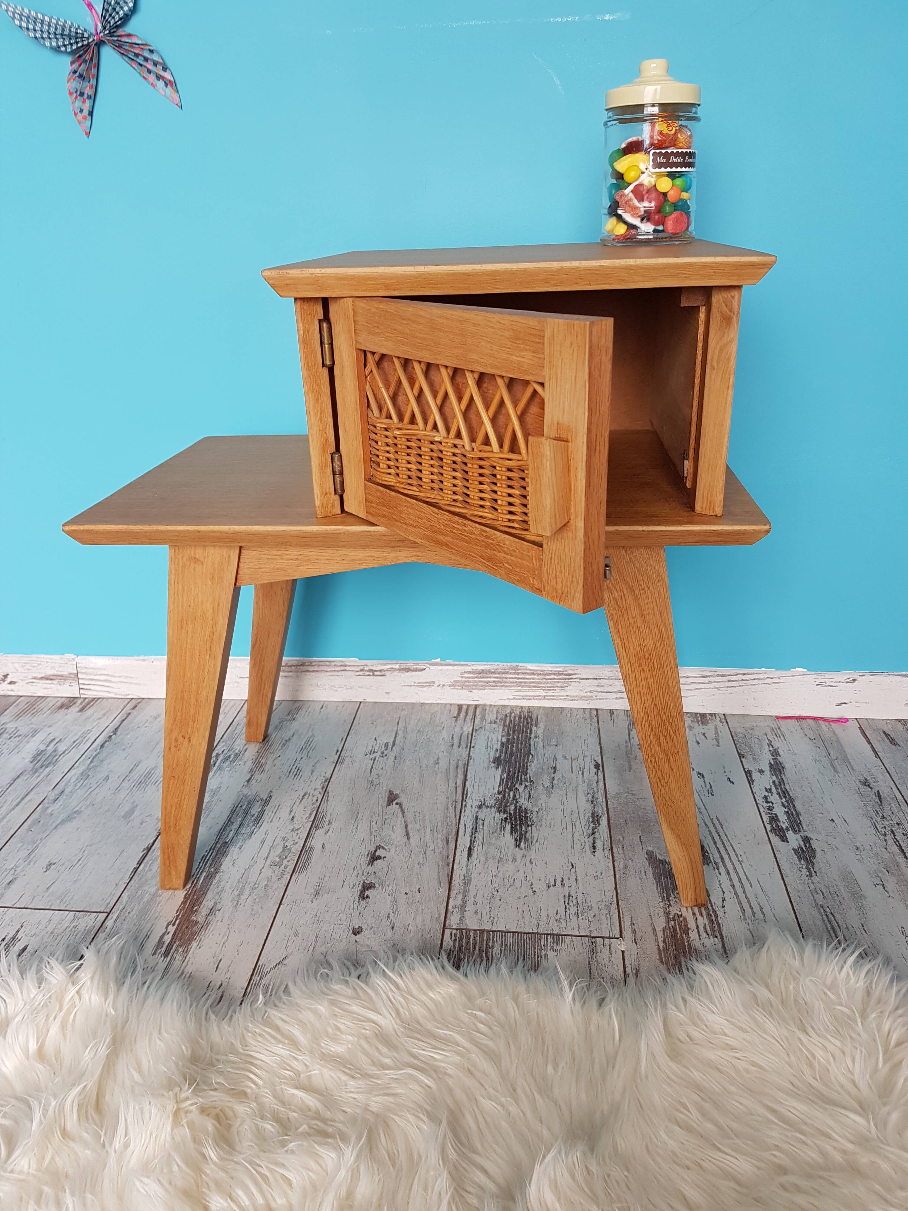 Vintage nightstand wood and rattan