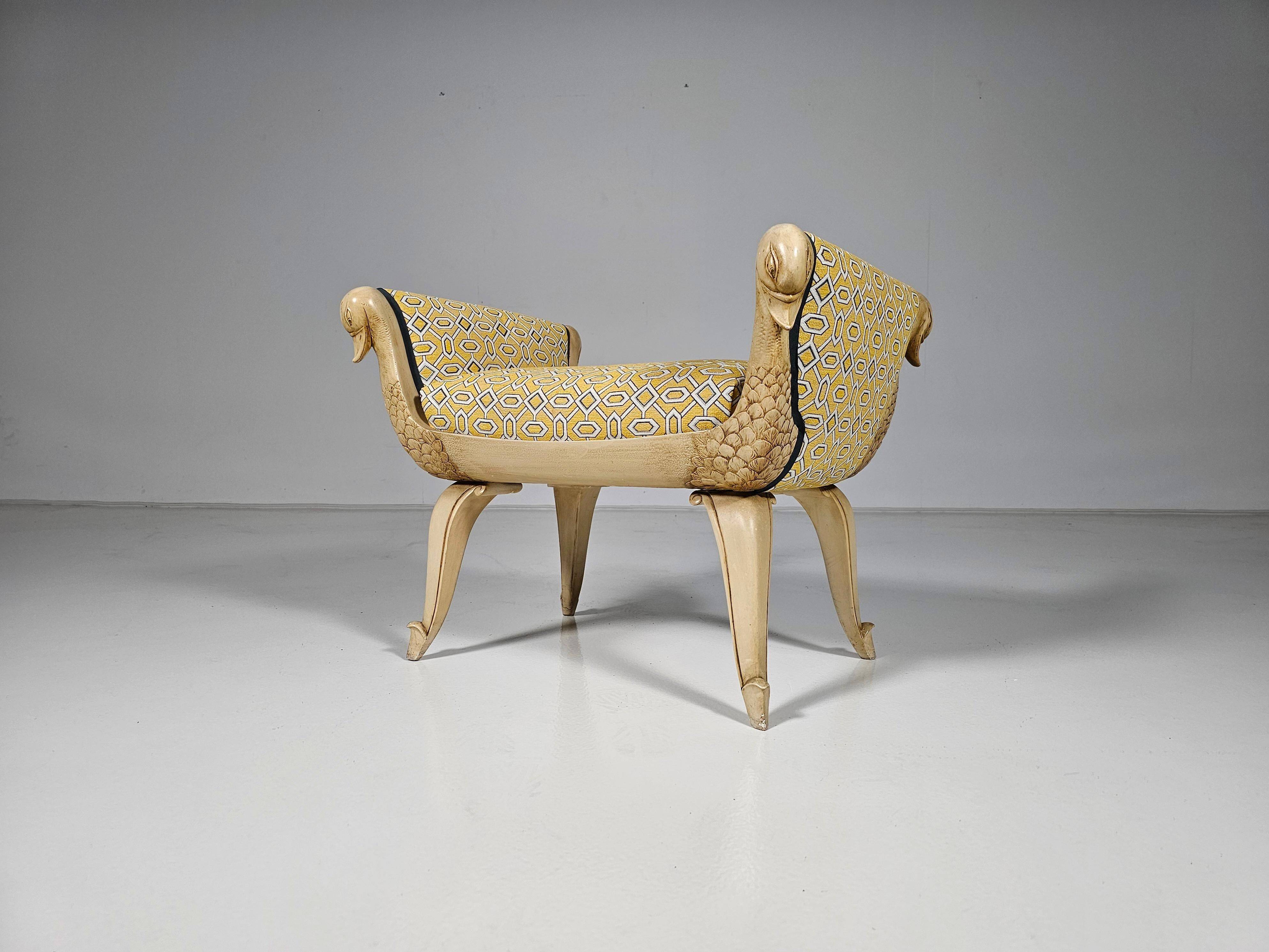 Swan neck bench, hand-carved, France, 1940s