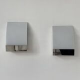 Pair of vintage wall lights, chrome-plated metal and frosted glass, France, 1980