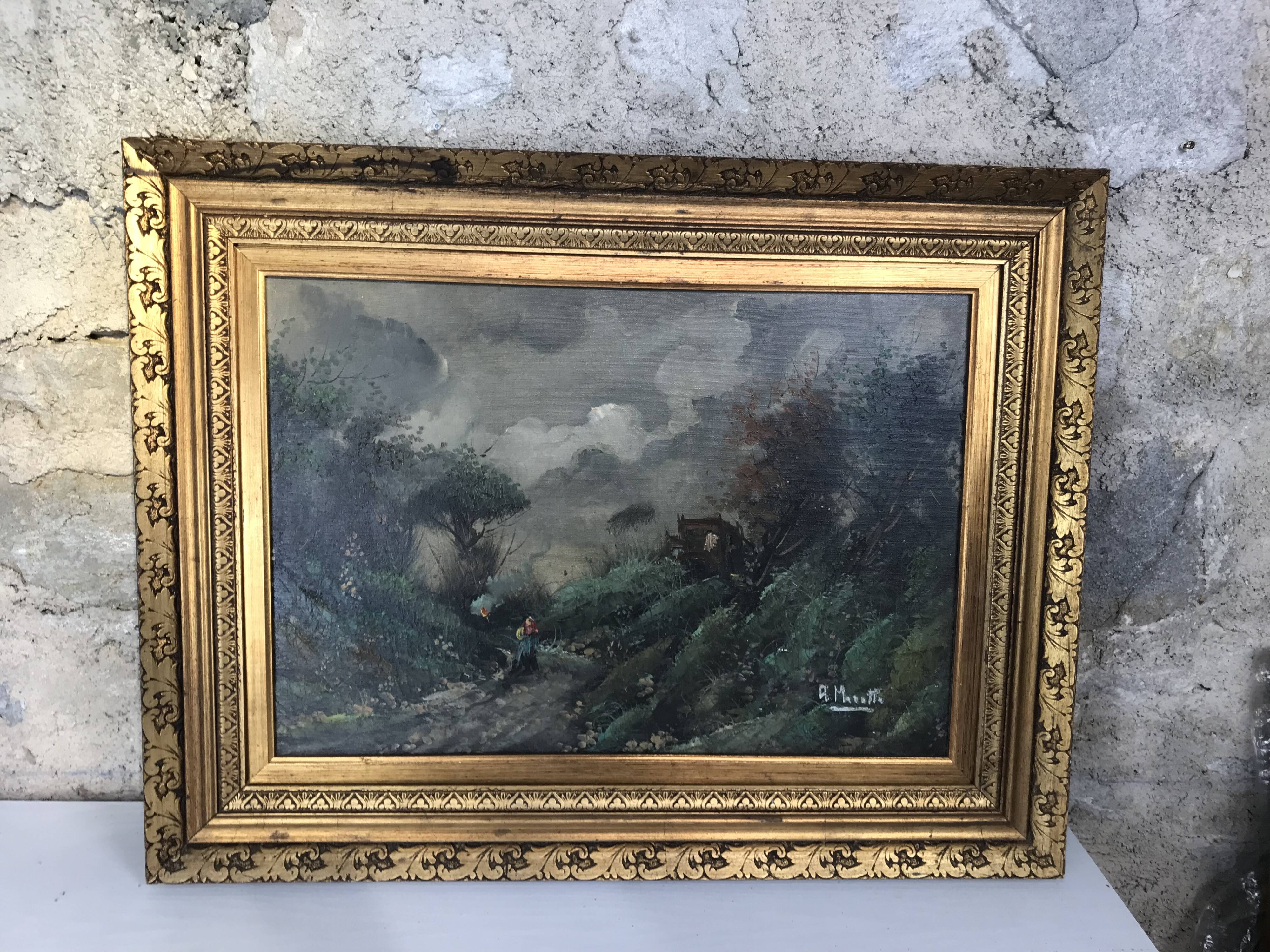 Old painting oil painting art landscape mountain forests alps marette