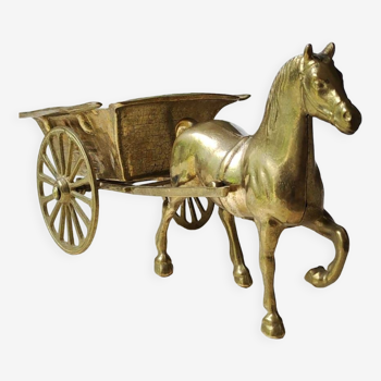 Sculpture cheval et sa carriole en laiton vintage. longueur 29 cm