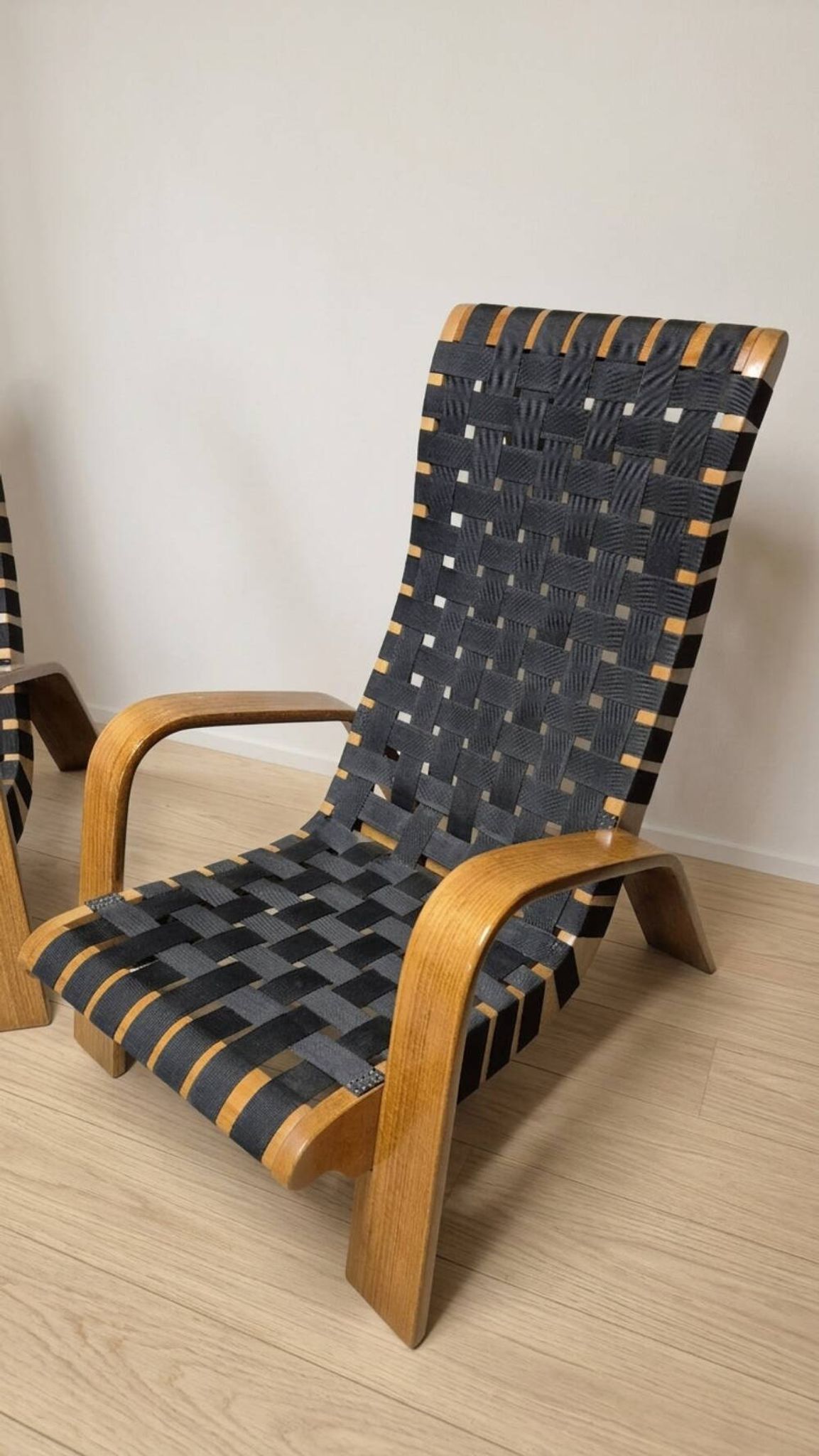 Pair of mid-century woven wood armchairs, 1950s, Czechoslovakia, 68 × 90 × 100 cm