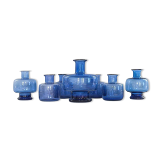 Set of seven midcentury modern vases by Per Lutken for Holmegaard, Denmark.