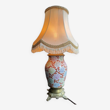 Old Asian vase mounted as a lamp with pagoda lampshade
