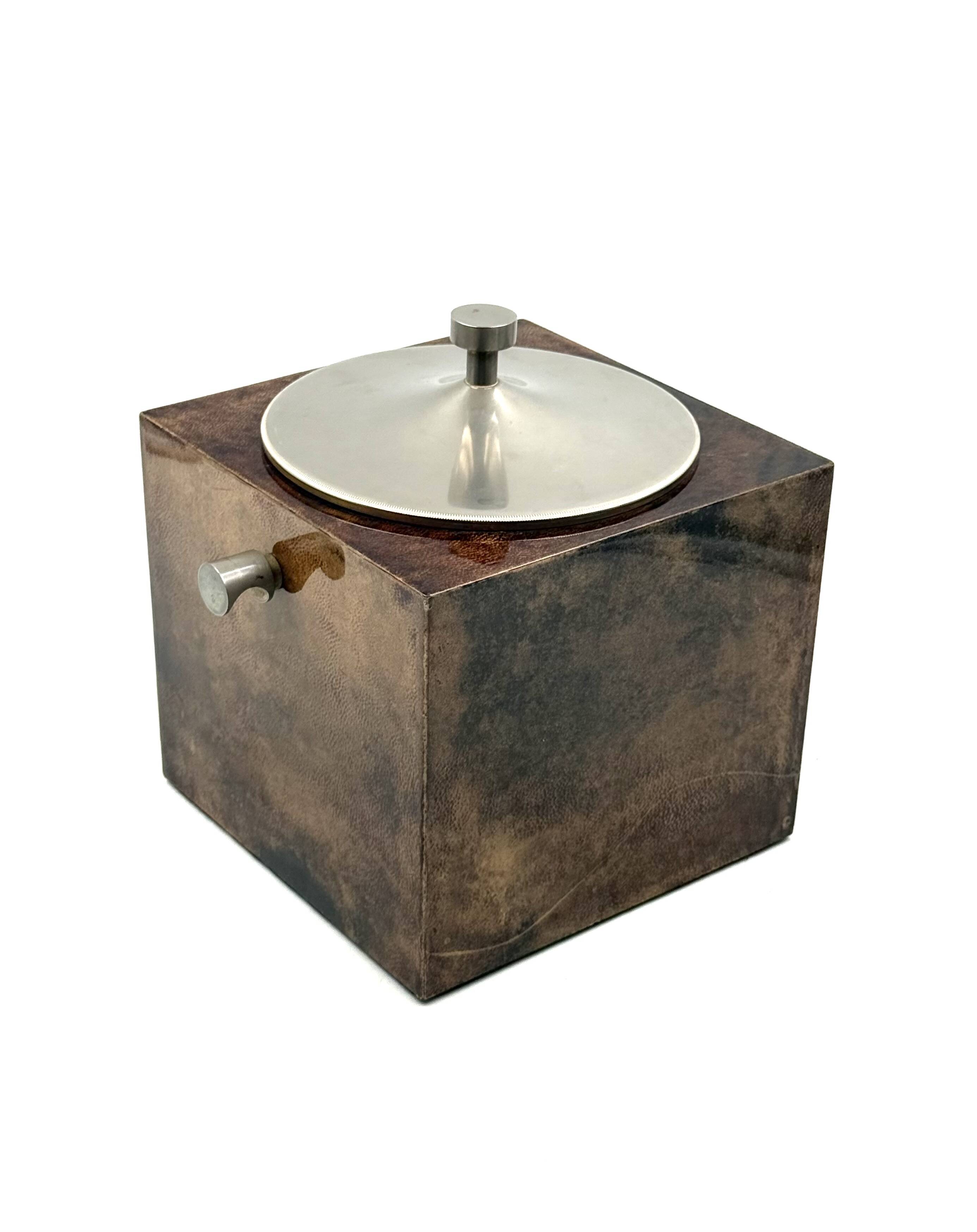 Mid-century brown parchment ice bucket, Aldo Tura Italy 1950s
