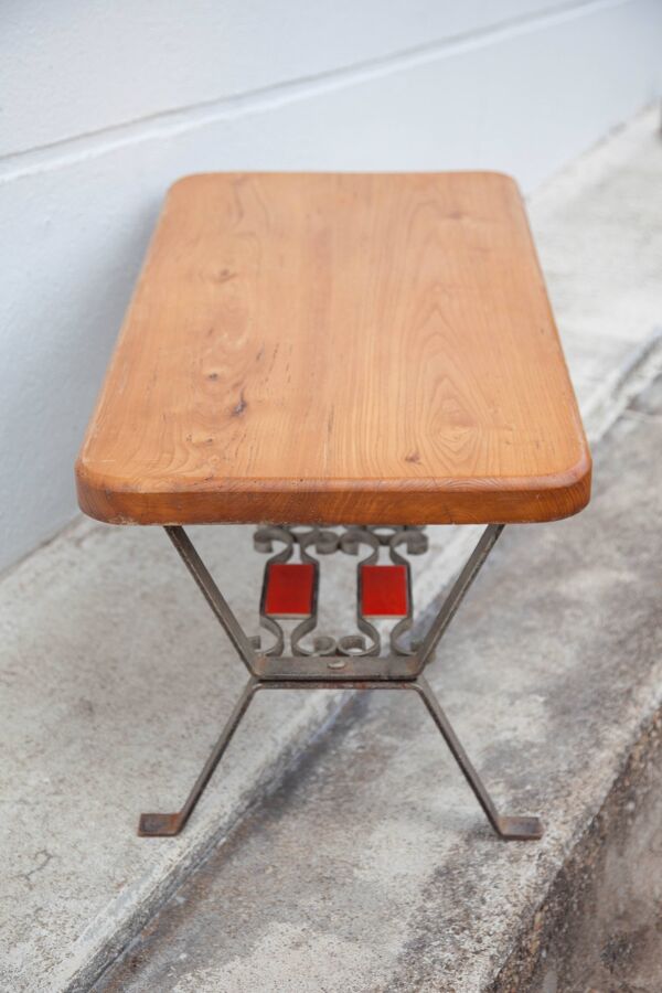 Table basse bois avec structure fer forgé, table d'appoint, bout de canapé, table vintage