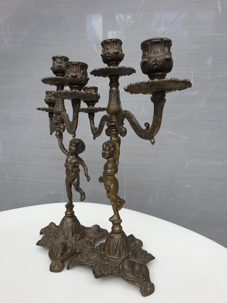 "Il mio bel foco" pair of candlesticks XIXth cherubs 3 torchieres