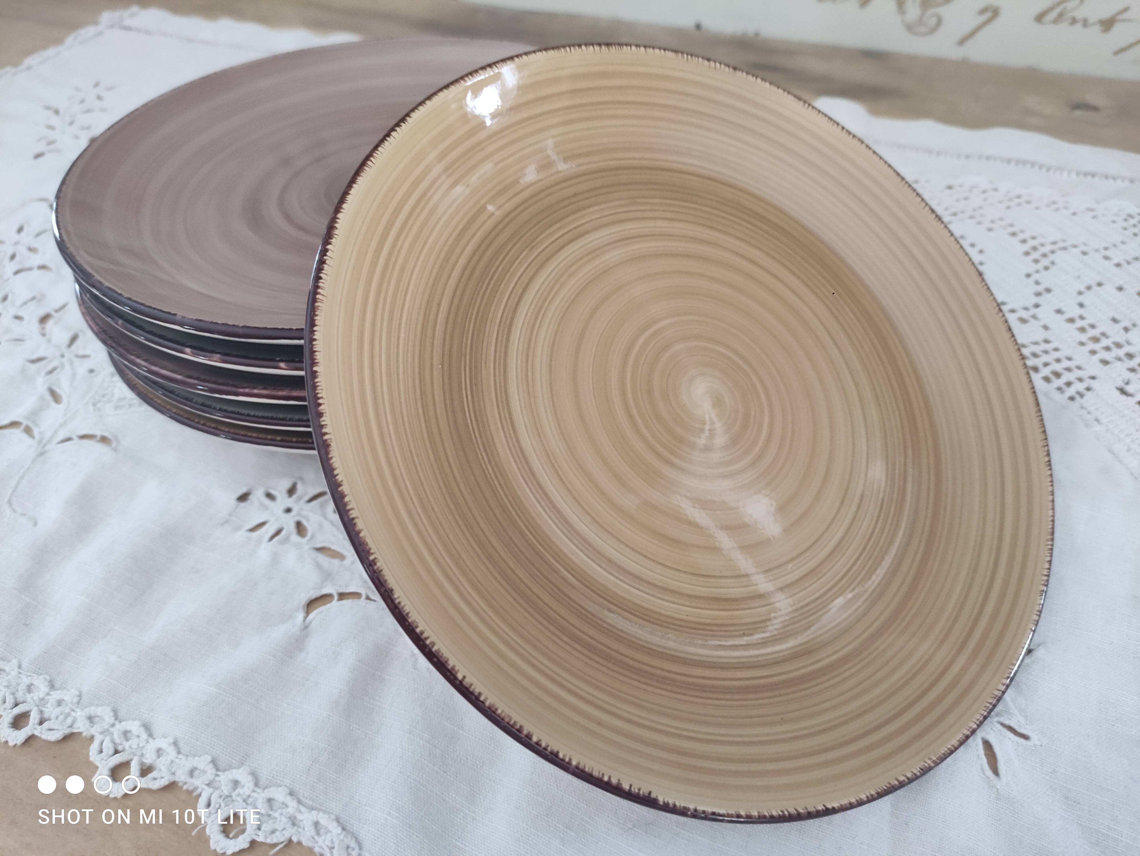 Lot de 6 assiettes à dessert en faïence van well en camaïeu de brun, ocre et gris, liseré brossé