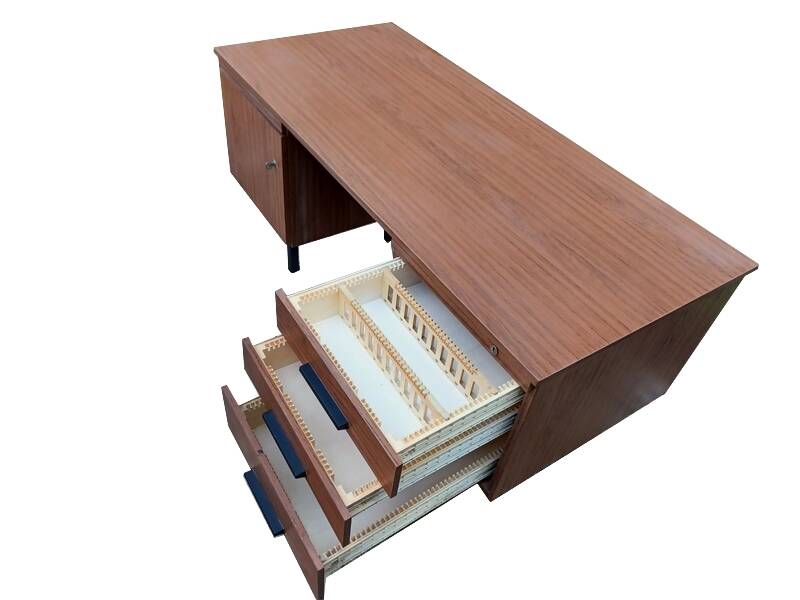 Modernist desk with double drawers in formica and metal, 1960.