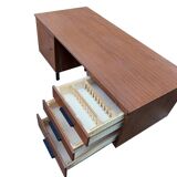 Modernist desk with double drawers in formica and metal, 1960.