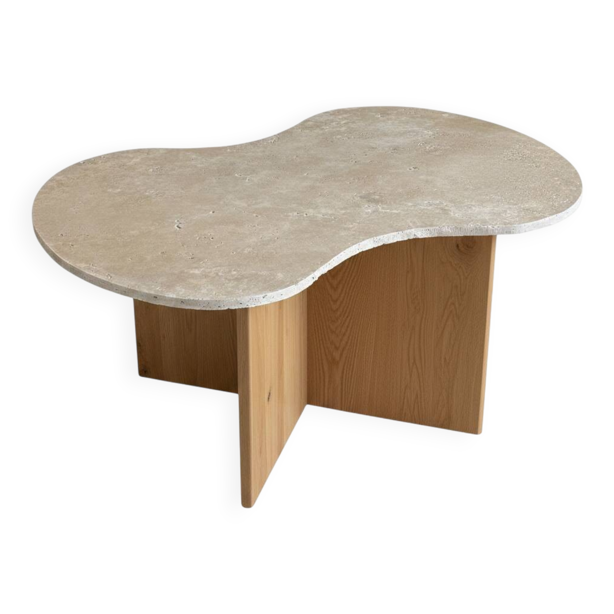 Cloud coffee table in travertine and dark oak.