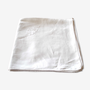 Nappe vintage en coton damassé blanc monogramme