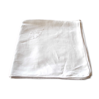 Nappe vintage en coton damassé blanc monogramme