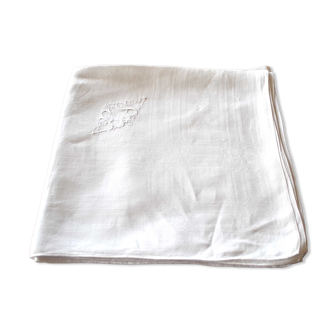 Vintage tablecloth in damask cotton white monogram