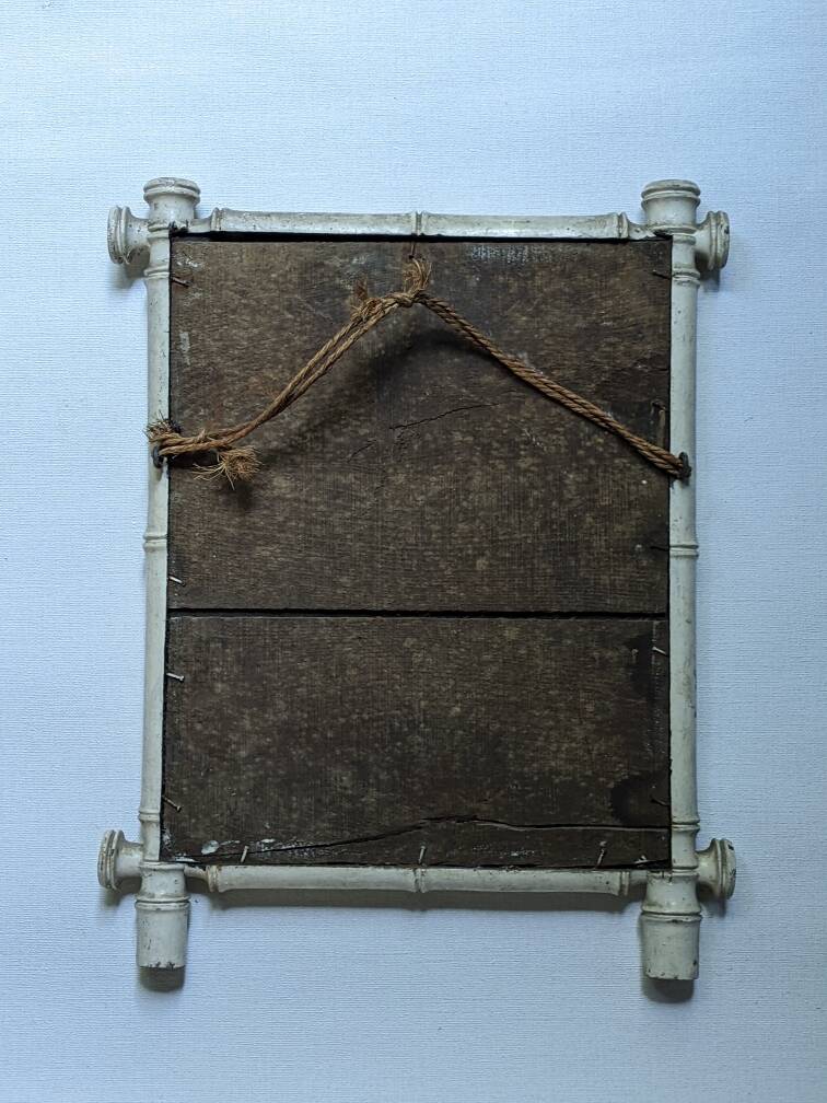 White painted bamboo mirror, vintage bohemian country decor, 50s