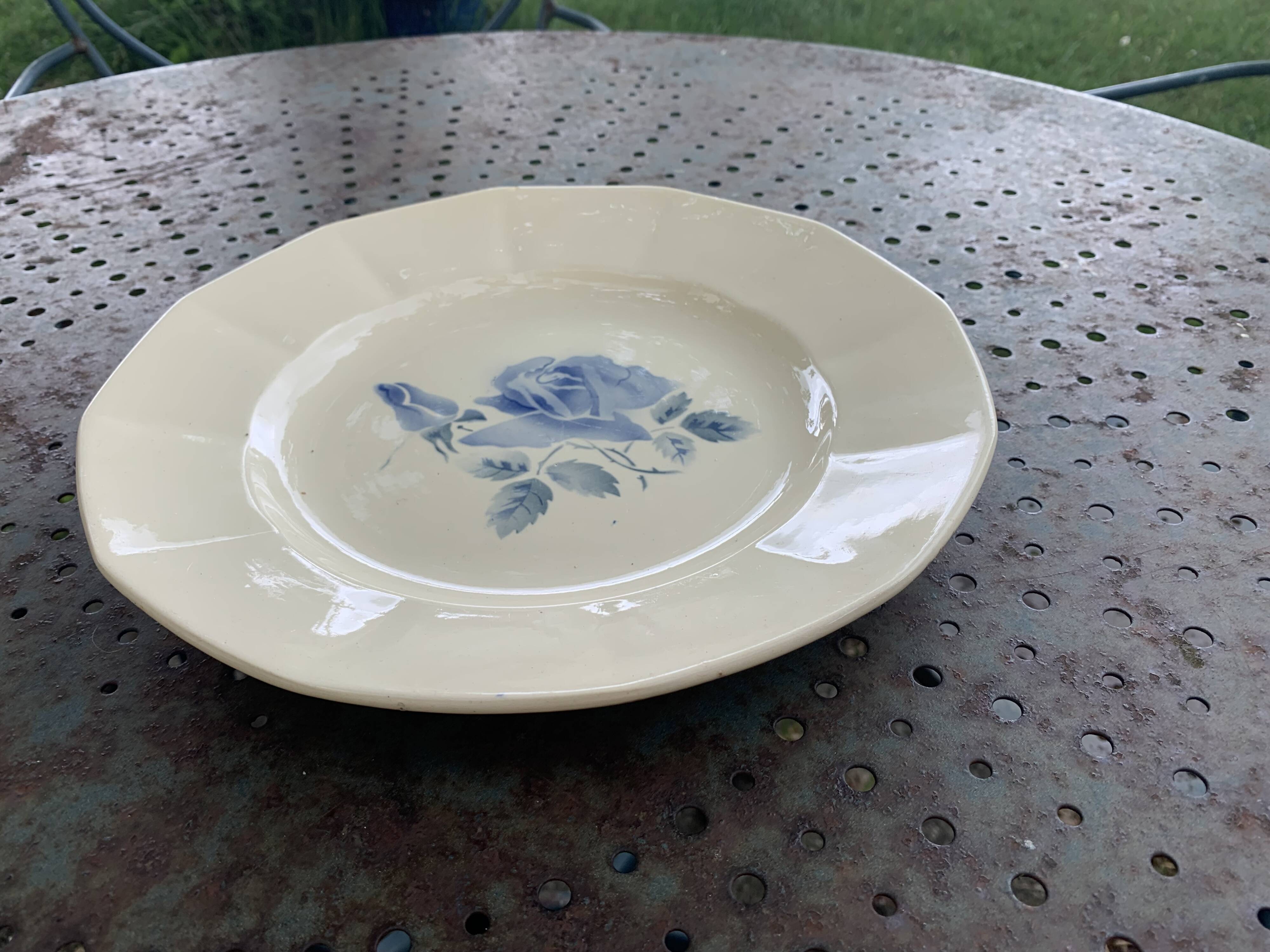 Digoin France cake dish with antique blue rose pattern