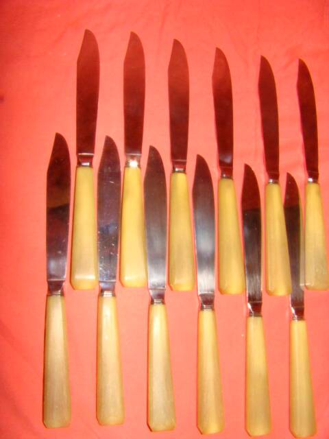 Set of 12 table knives and 12 cheese knives in bone and stainless steel.