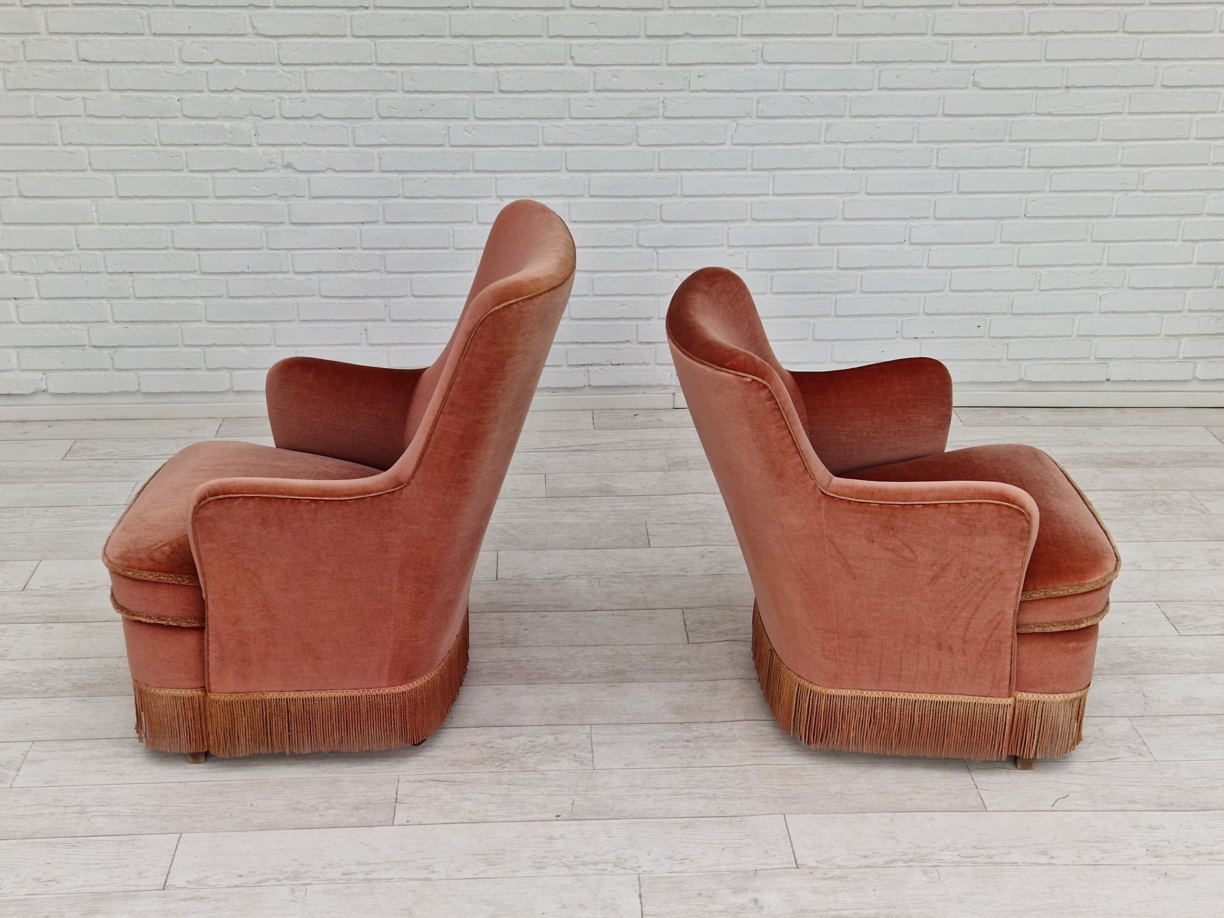 1970s, Danish set of two velour armchairs, original condition, beech wood.