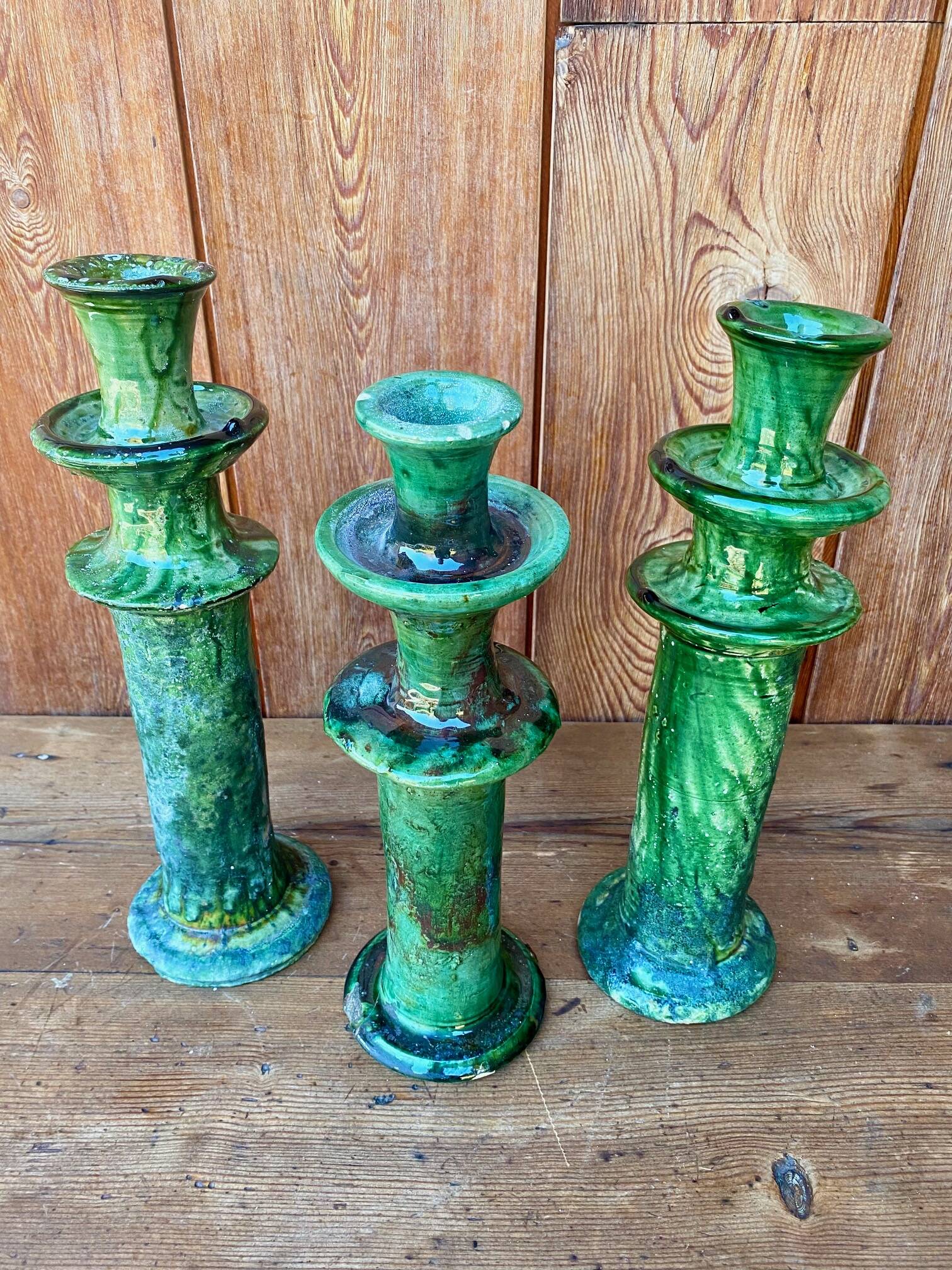 3 Tamegroute candle holders in green glazed ceramic from Morocco.