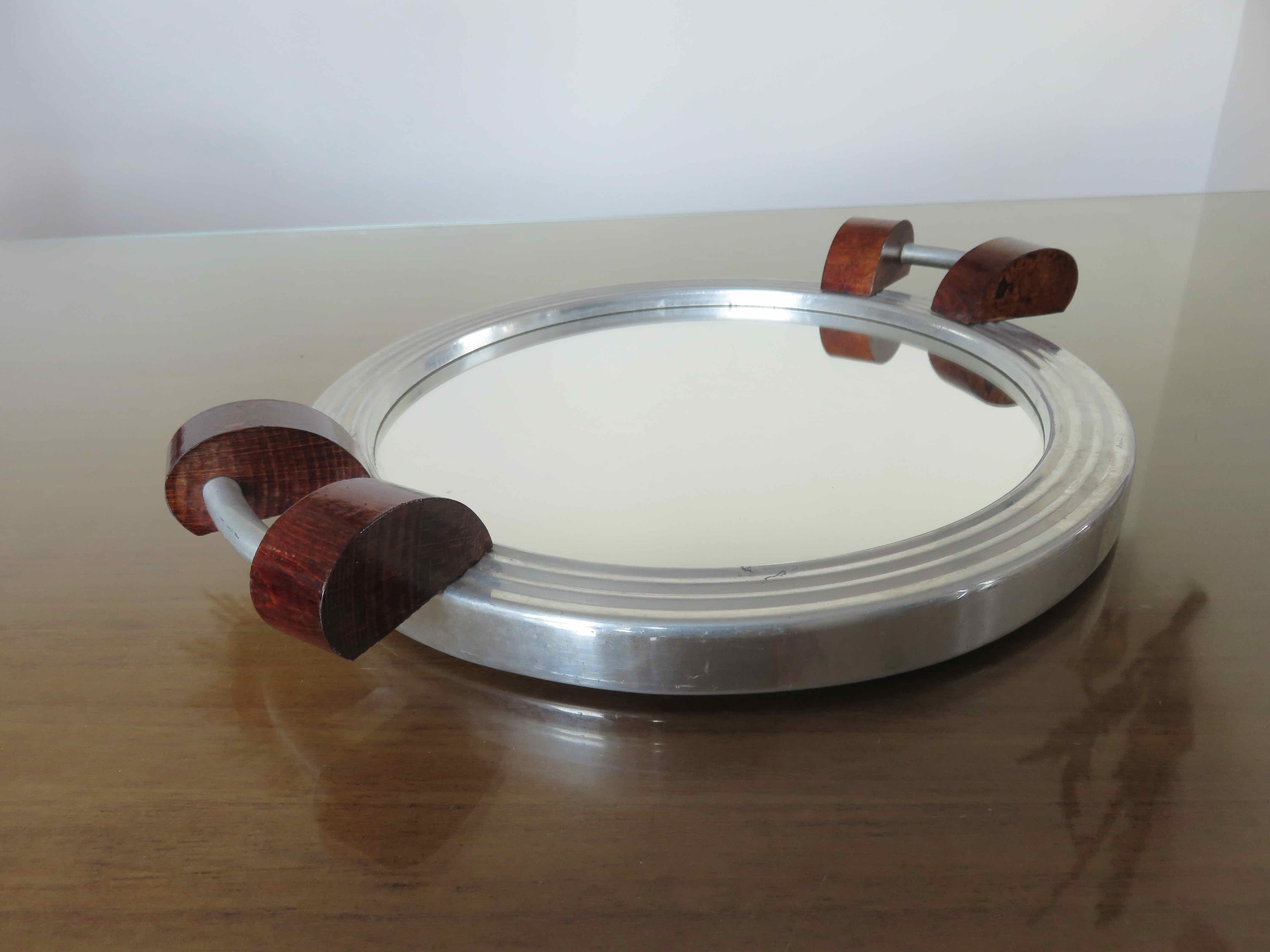 Plateau miroir en palissandre et aluminium Art Deco années 40 50