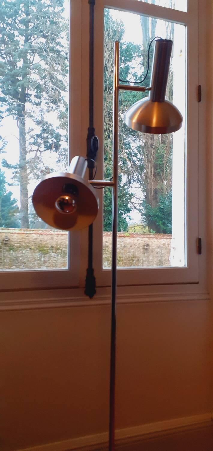 Floor lamp, reading light with two spots from the 70s in chromed metal and brushed aluminum