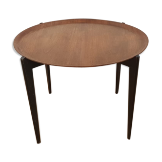 Folding coffee table top round teak Sweden 1950