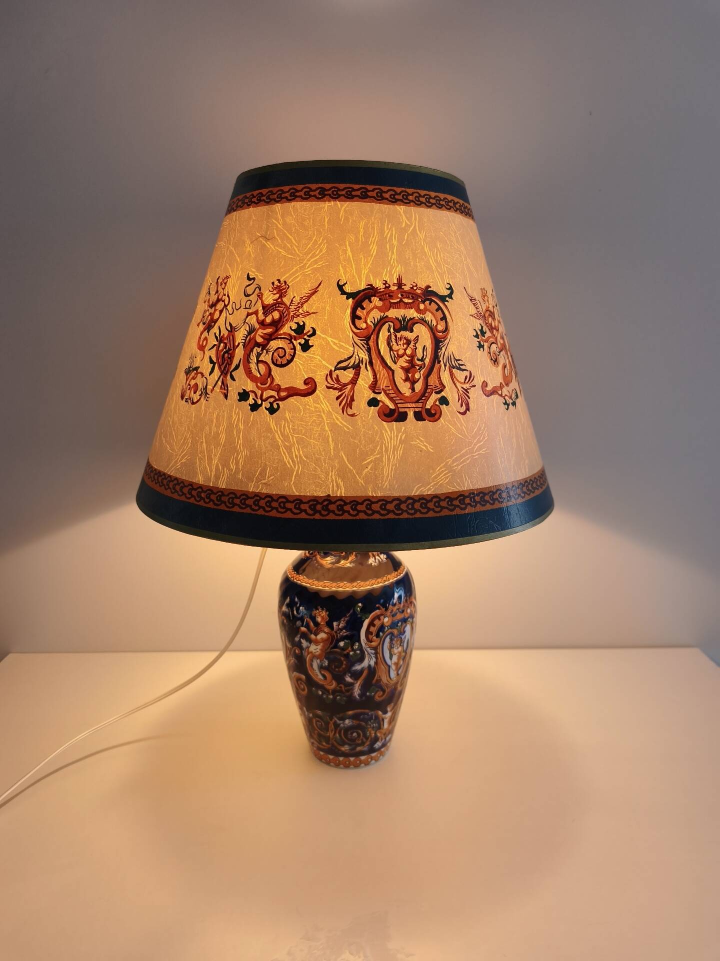 Grande lampe à poser faïence de Gien abat-jour d'origine - Renaissance