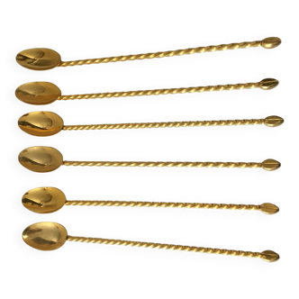 6 long vintage gold metal coffee bean spoons