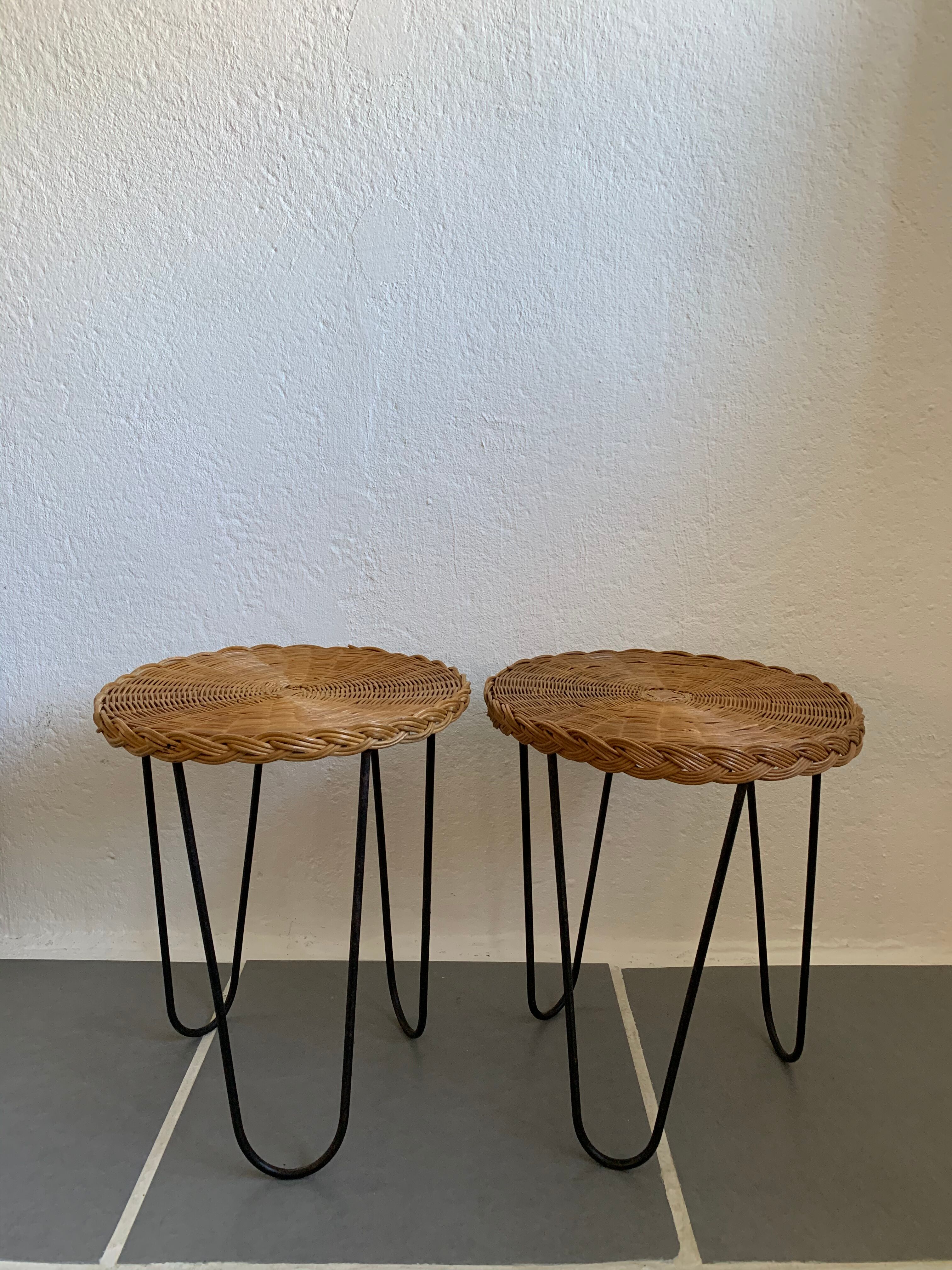 Pair of vintage bedside tripod metal and wicker