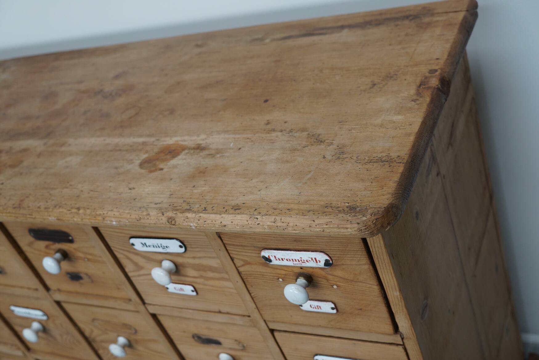 Antique German Pine Apothecary Cabinet with Enamel Shields, 1900s