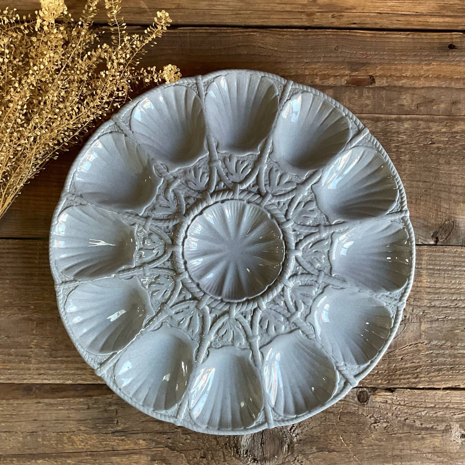 Digoin Sarreguemines France oyster dish in gray slip