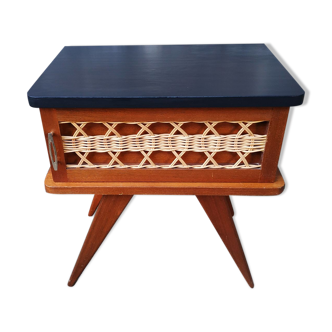 Table de chevet bois et rotin tressé
