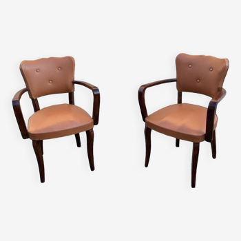 Vintage bridge armchairs in wood and imitation leather