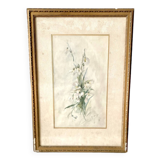 Framed watercolor painting with snowdrop pattern late 19th century