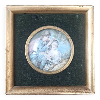 Miniature Romantic scene in gilded wood and velvet