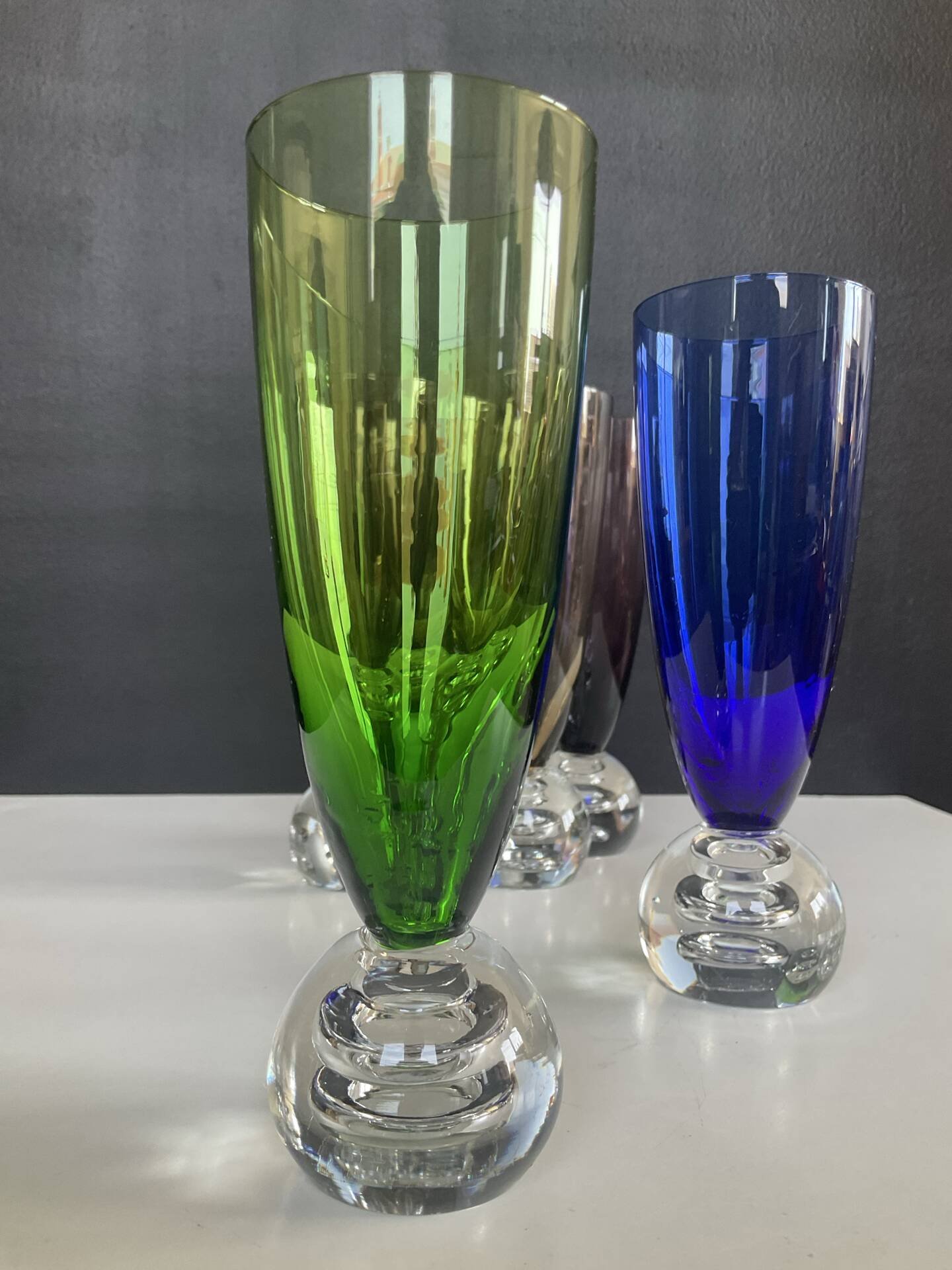Set of 6 vintage coloured glass champagne coupes