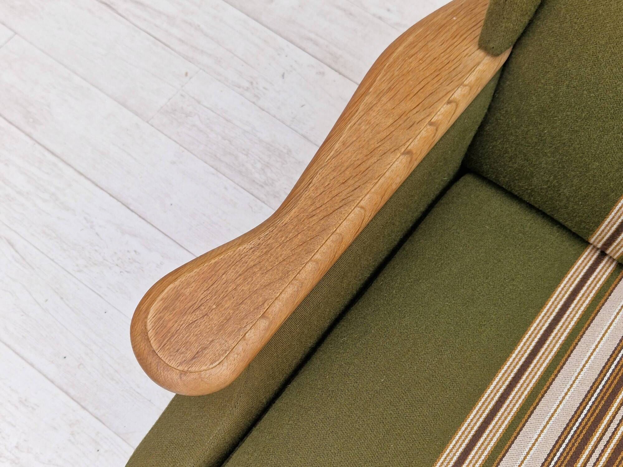 1970s, Danish vintage 3 seater, green fabric, oak wood, original condition.