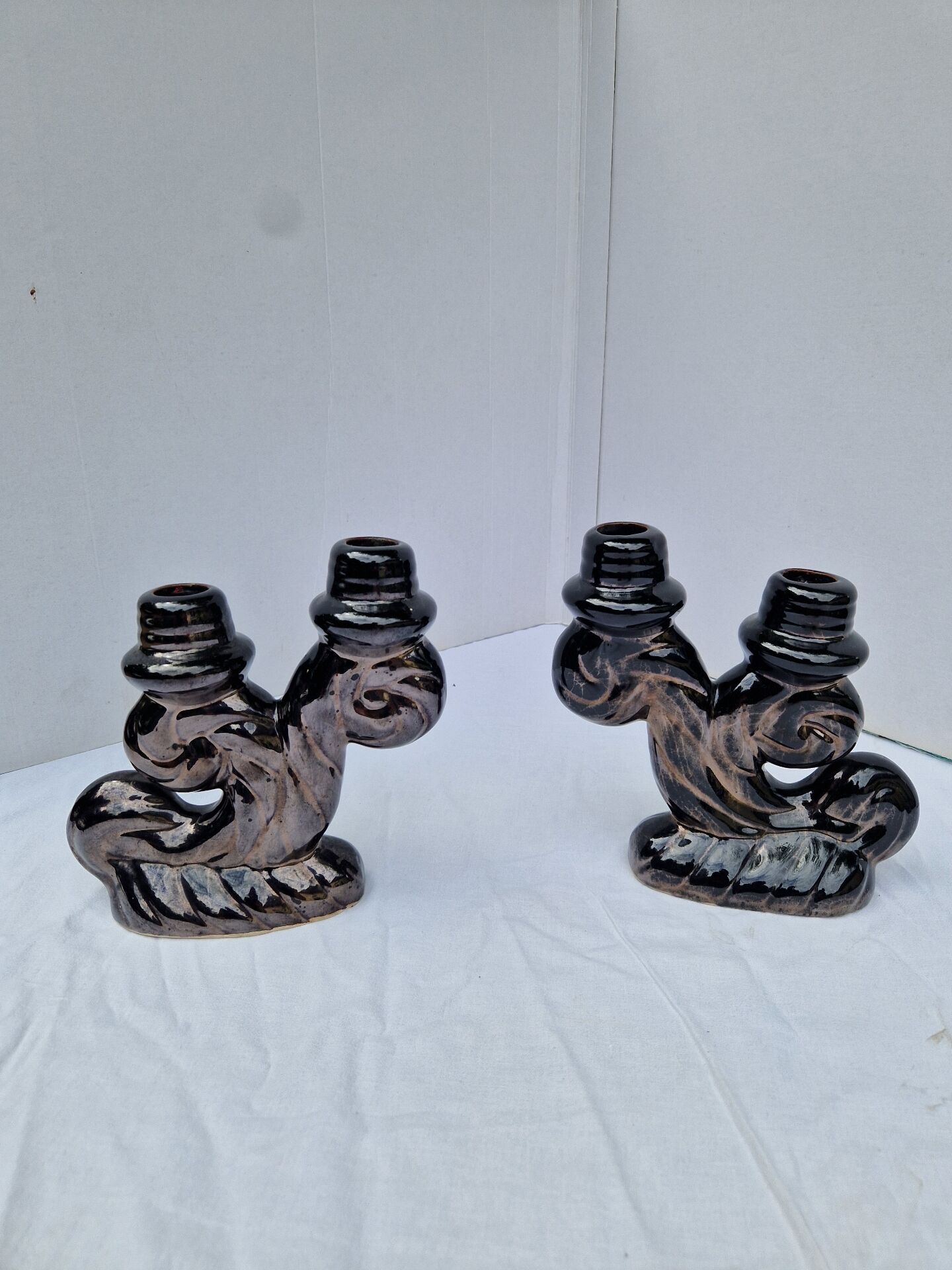 Set of 2 vintage two-light candle holders in Vallauris ceramic design.