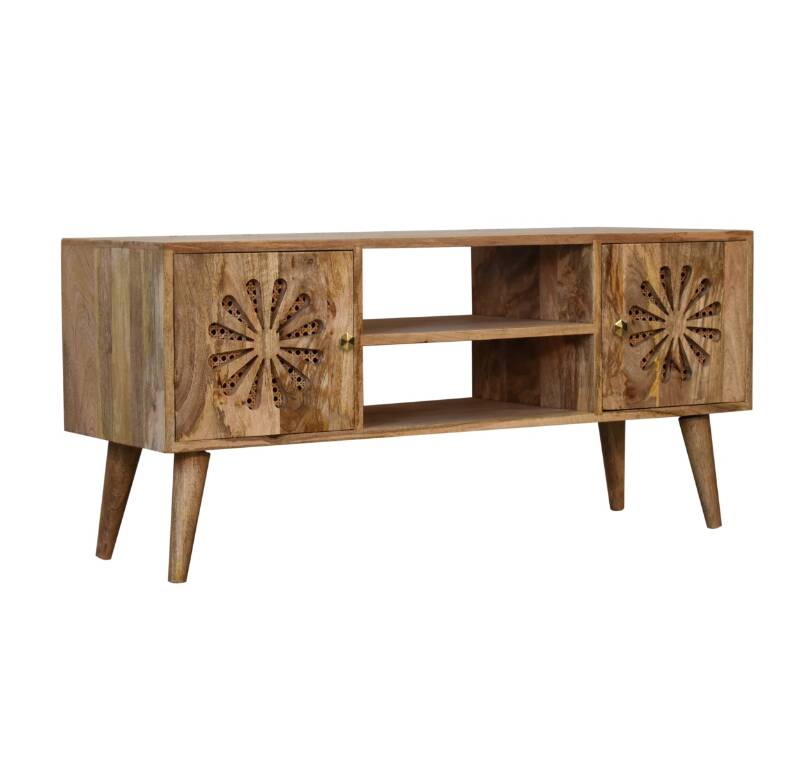 Rosalie Rattan and Solid Mango Wood Media Unit, Modern Console with Cut-Out Petal Design, Brass Knob