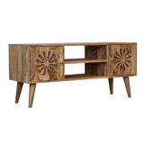 Rosalie Rattan and Solid Mango Wood Media Unit, Modern Console with Cut-Out Petal Design, Brass Knob