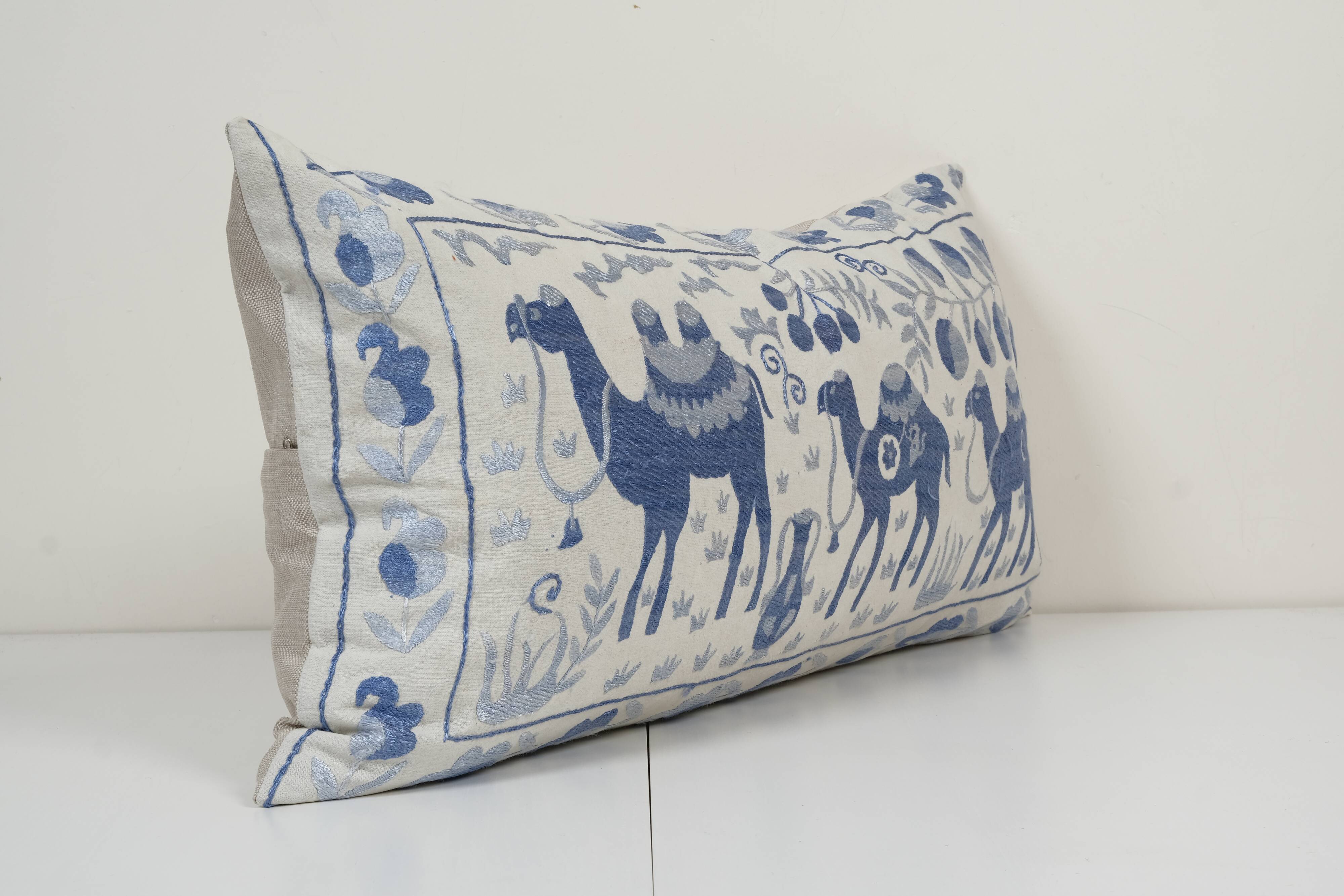 16" x 32" Extra Long Lumbar Cushion Kingsize Suzani Pillow Cover, Animal Tribal Bedding Pillow Cover