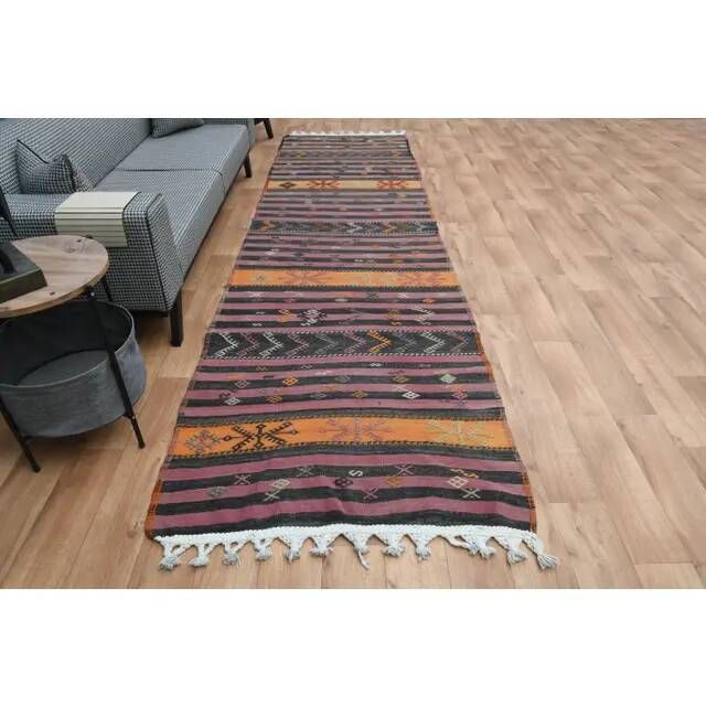 Purple Vintage Turkish Handmade Wool Kilim Runner Rug 109x398